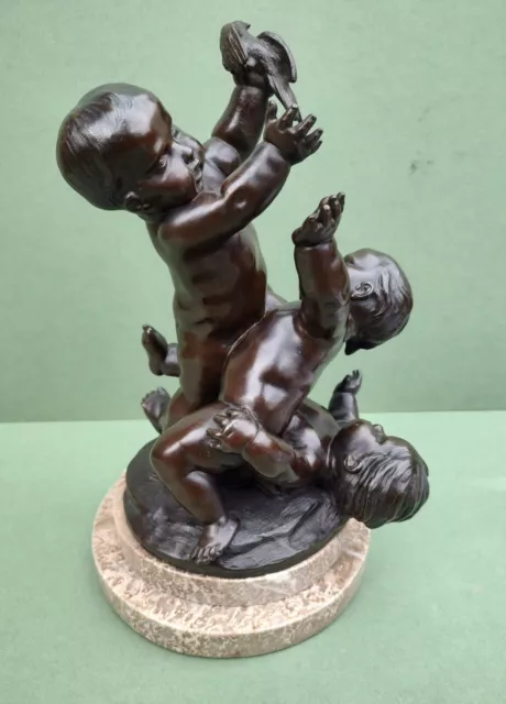 Antique Large French Bronze Sculpture with three Cherubs Cupid Putti on marble