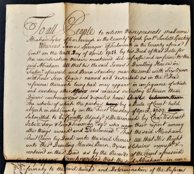 1750 antique COLONIAL HANDWRITTEN DEED scarborough me TYLER to SPRINGER falmouth