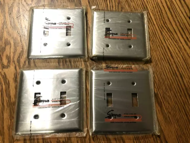 4 Sierra Light Double Switch Covers Brushed Steel USA Mid Century Modern NOS