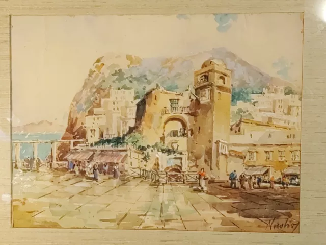 Vintage Signed European Mountain Village Landscape Watercolor Painting by  Louis Redstone