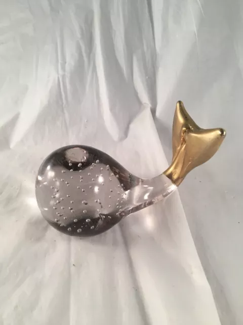 Vintage Whale Desk Top Office Paperweight Paper Weight Art Clear Glass & Gold