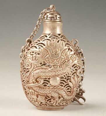 Old Tibetan Silver Carving Dragon Statue Snuff Bottle Hollow Pendant Statue