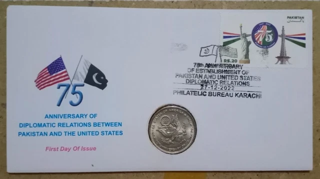 75 Anniversary Of Diplomatic Relation Pakistan & Usa Fdc With Coin Of 75 Unc