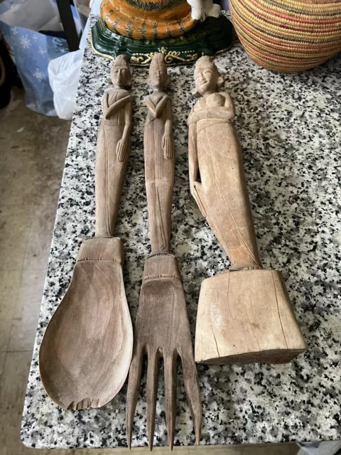 Vintage Carved Wooden Fork and Spoon Wall Decor 19.5 Wood Tribal