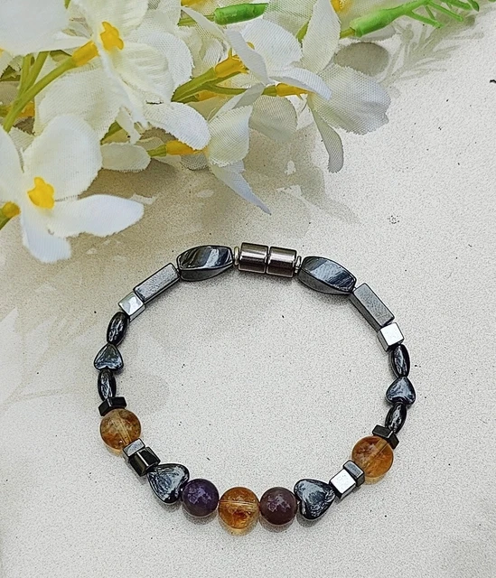 Women's Magnetic Hematite Therapy Bracelet with Citrine And Amethyst 7.5"