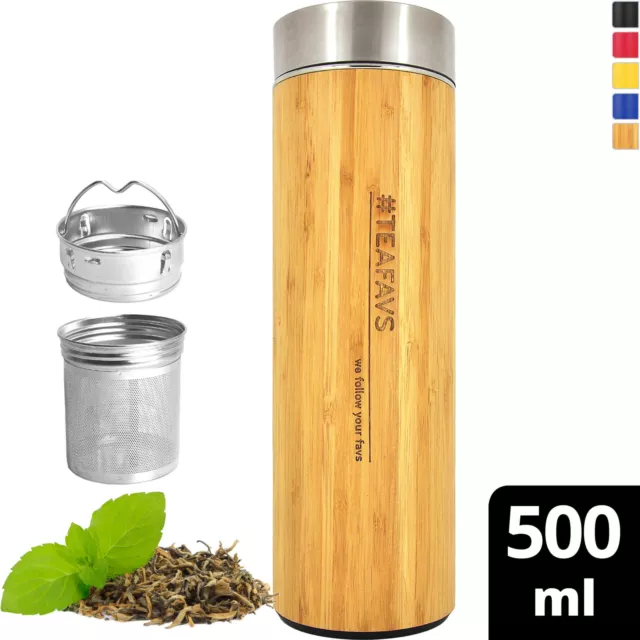 amapodo Thermobecher 500ml doppelwandig aus Edelstahl, Bambus für Tee & Kaffee