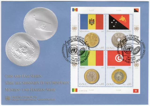 2007 UN Geneva FDC - Coin and Flag Series - Block 4 Stamps, Mali +3 Countries