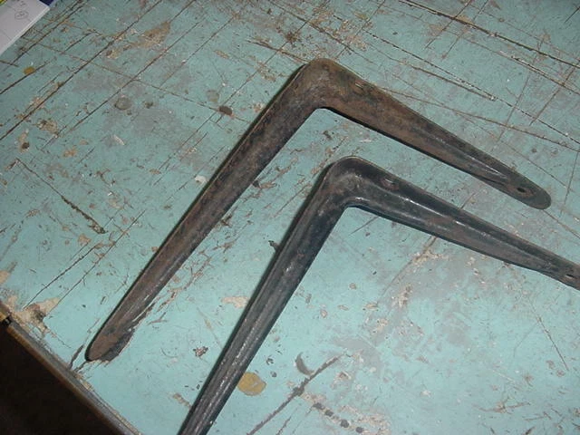 VINTAGE SHELF BRACKETS 6 x 8 LOT OF 2 CHIPPY BLACK PAINT STAMPED STEEL 4