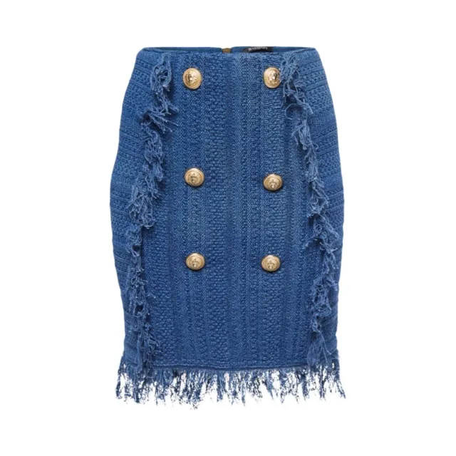 BALMAIN Blue Cotton Knit Fringe Mini Skirt Gold Buttons 38 Worn Once Like New