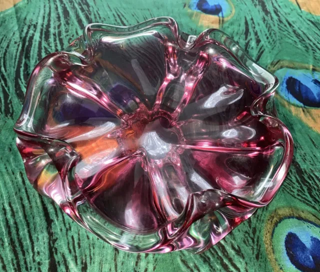 Czech Chribska  Cranberry Pink & Clear Floral Glass Bowl Josef Hospodka Vintage