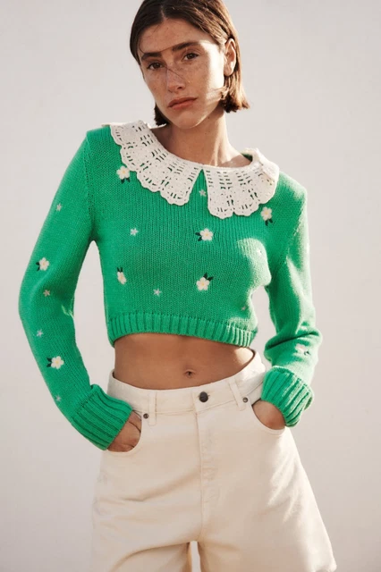 BNWT ZARA GREEN Embroidered Knit Sweater Jumper With Peter Pan