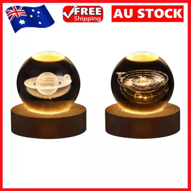 Astronomy Crystal Ball Light Wooden Base 3D Planet Saturns Lamp LED Night Light