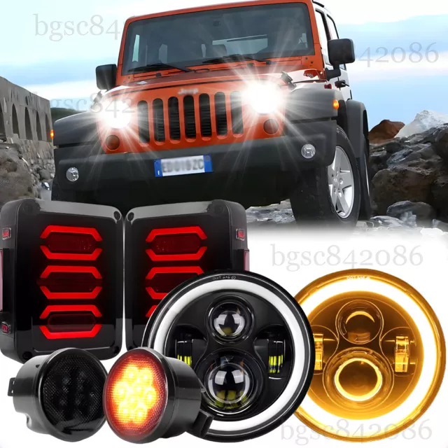 For Jeep Wrangler JK 07-18 Combo 7" Halo Led Headlights Turn Signals Tail Lights
