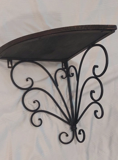 Big Black Wrought Iron and Brown Wood Decorative Corner Wall Shelf Display