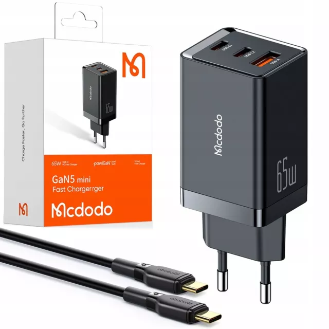 Chargeur de téléphone Mcdodo, GaN 5 PRO, charge rapide, USB-C, USB-A, 65W, noir