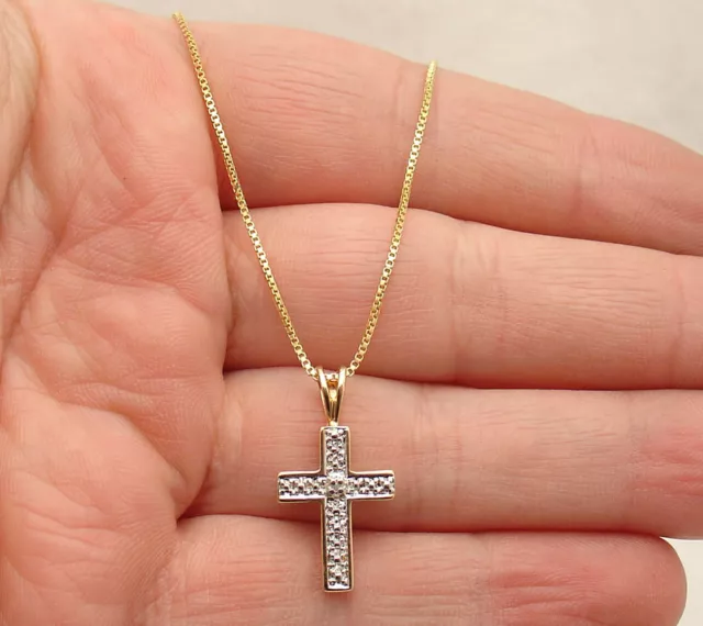 Diamond Cross with Square Box Chain Necklace 14K Yellow Gold Plated 925 Silver