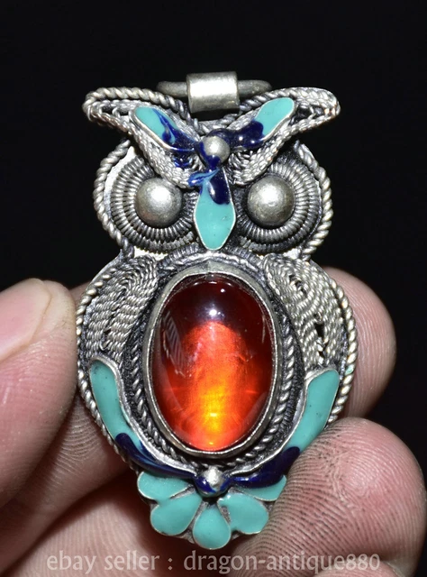 2.2" ancient Chinese Silver inlay Red crystal a bird of Minerva Amulet pendant
