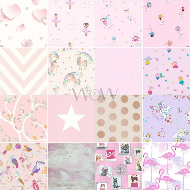 KIDS PINK LILAC Wallpaper Girls Bedroom Nursery Dots Stars Unicorn
