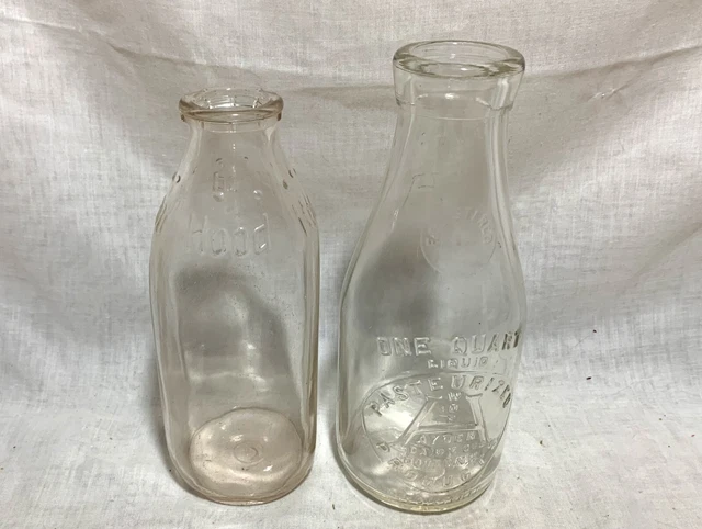 2 Vintage Quart Glass Milk Bottles HAYDEN Dairy N.H. & Hood Dairy Farm