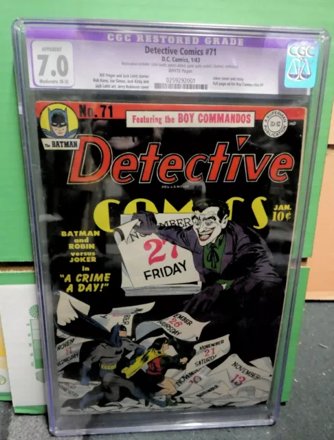 DC Detective comics 71 Batman Golden age Joker classic cover 7.0 CGC white pages