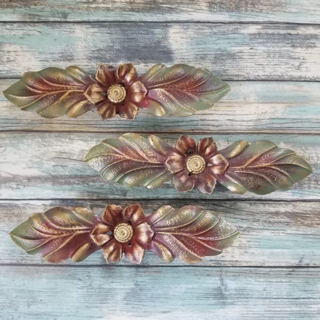 3 Vintage 1930s Polychrome Curtain Rod Clip Toppers Floral Decorative Brass
