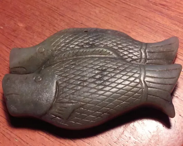 Chinese Nephrite Green Jade Hard Stone Koi Fish Carp Pendant Carving Toggle 3"