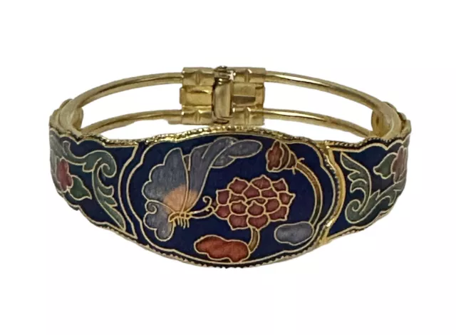 Vintage Cloisonne Enamel Butterfly Flower Clamper Hinged Bracelet Blue Gold 7”