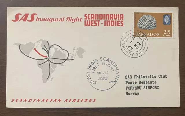 Barbados - 1969 - Sas Inaugural Flight-West India-Scandinavia-Cover-J11