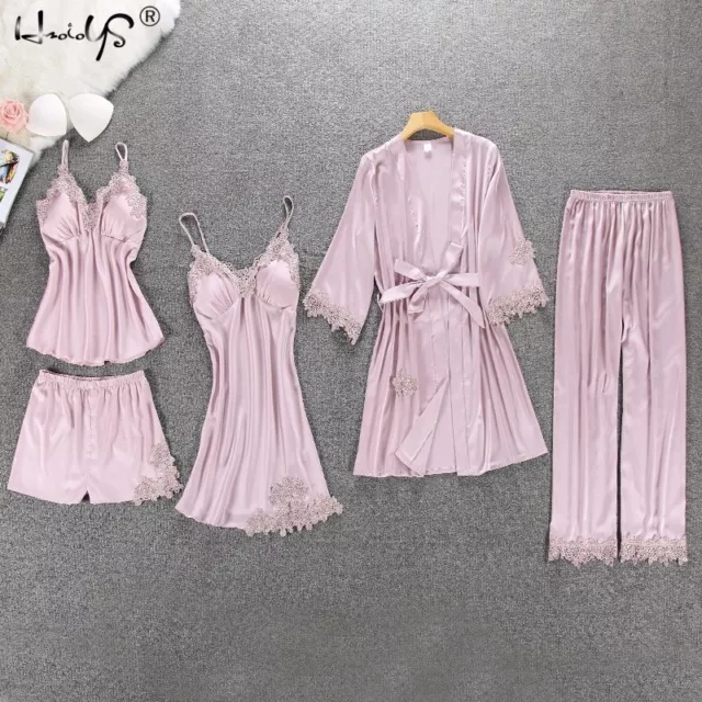Women Pajamas Silk Satin Lace 5PCS Set Lingerie Sleepwear Babydoll Nightwear Pj