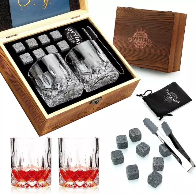 Whisky Stones Glasses Gift Set, 2 Crystal Bourbon Scotch Glasses 8 Whiskey, Prem