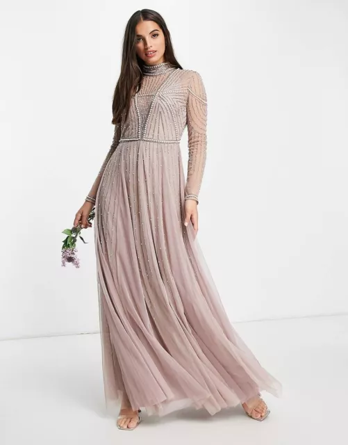 ASOS Design NEW Pearl Embellished Bodice Maxi Dress Gown Tulle Skirt In Blush 12