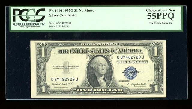 DBR $1 1935-G Silver Fr. 1616 No Motto CJ Block PCGS 55 PPQ Serial C87482729J
