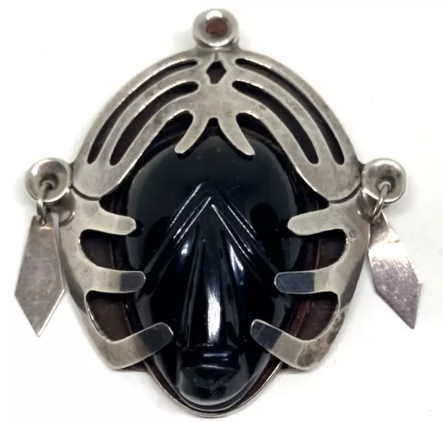 Onyx Carved Mask Pin Pendant Mexican Sterling Silver Dangling Earrings ACR ADA?