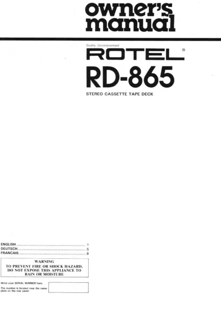 Bedienungsanleitung-Operating Instructions pour Rotel RD-865