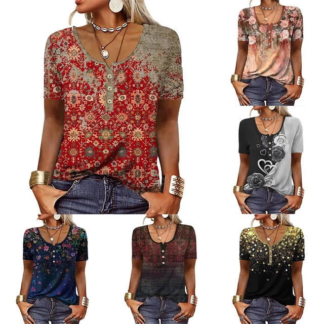 Hauts Tuniques Femmes Pour Leggings - Manches Courtes, Col V Profond, Boutons, Uni Ou Imprimé, Chemise Satin Décontractée