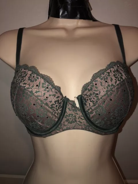 Green Lace Rhinestone Victorias Secret Dream angels Lined Demi Bra 34D