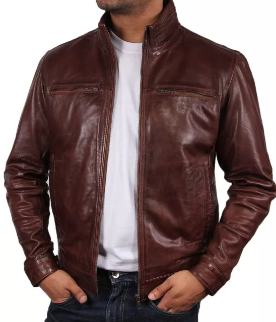 New Men's Genuine Lambskin Leather Jacket Slim Fit Biker Motorcycle Vintage Coat