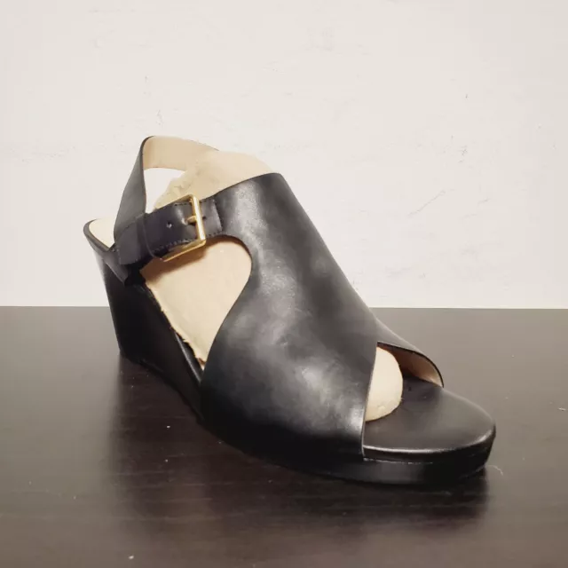 Cole Haan Philomina Grand Wedge in Black Leather Sandal, Size 8.5 - NEW