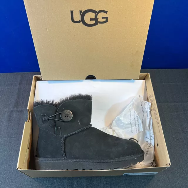 UGG Women's Mini Bailey Button II Sheepskin Fur Ankle Boots, Black, Size: 7 NEW