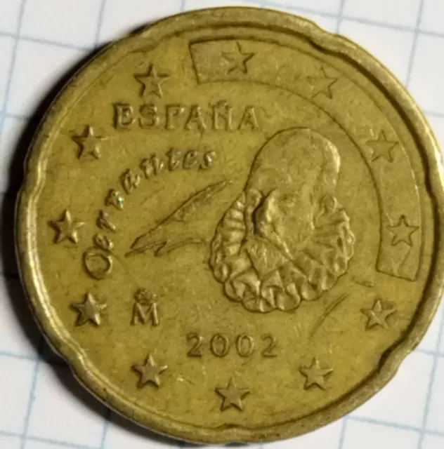 España 2002. KM# 1044, 20 céntimos de euro con grandes fallos de impresión 