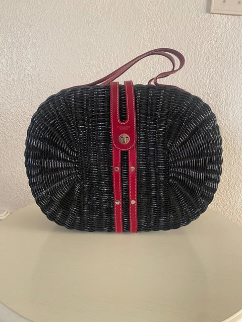 Kate Spade Black Straw Wicker Basket Tote Satchel Bag Rare