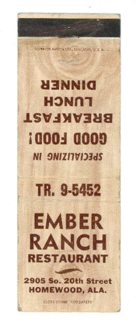 Ember Ranch Restaurant Homewood Alabama Matchbox Label Anni '50 America