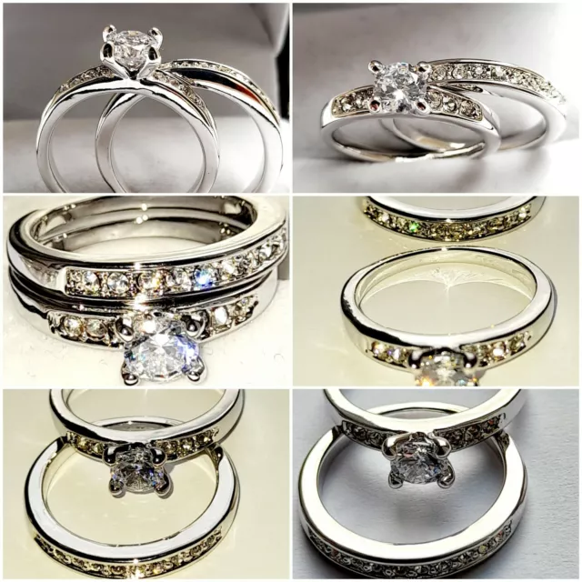 6×Joblot Bundle18K White Gold Plated Simulated Diamond Double Rings Set Stamped