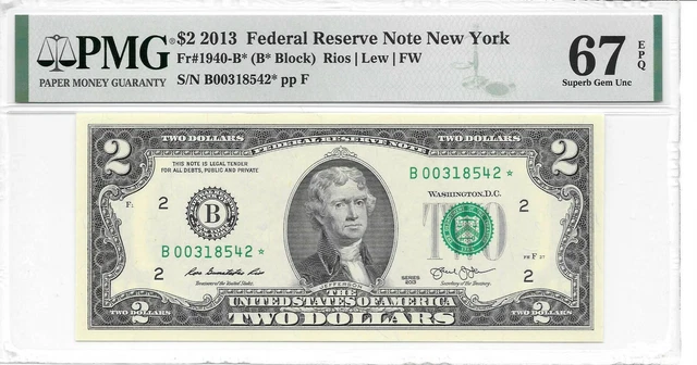 2013* NEW YORK  *STAR*  $2 FRN (B* Block) PMG 67 EPQ Superb Gem Uncirculated