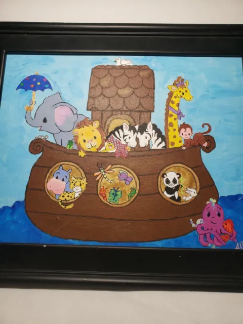 Noah's Ark Painting Signed Baby Animals Child's Room Very Good Condition
