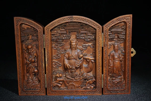 Collect Asian old Chinese Wood Boxwood Hand carved Fu Lu Shou Statue Box 21747