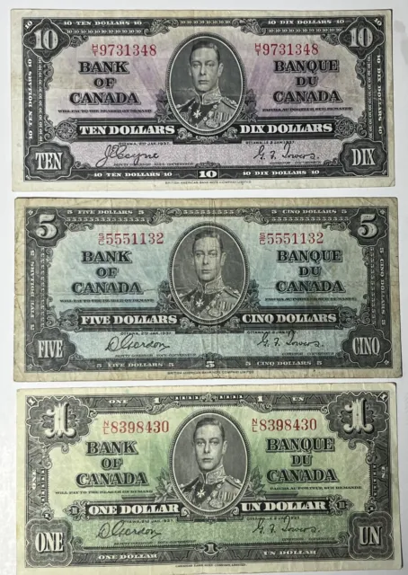 1937 BANK OF CANADA  3 BANKNOTE LOT  $1  N/L  $5 S/C $10 H/T in VF   8 photos