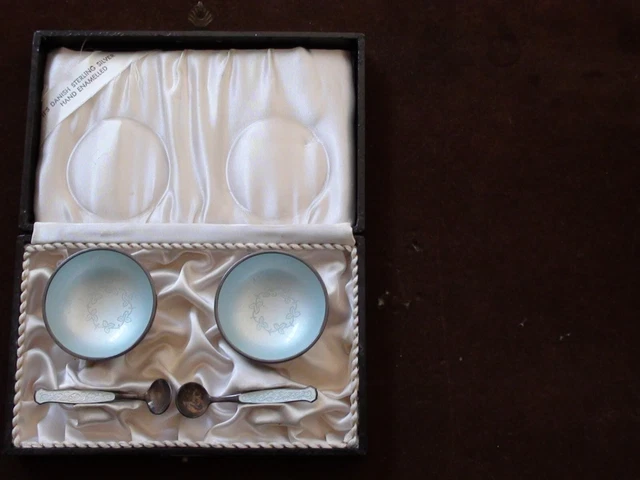 Vintage MEKA DENMARK SET Sterling Silver Light Blue Enamel Salt Cellar w/ Spoon