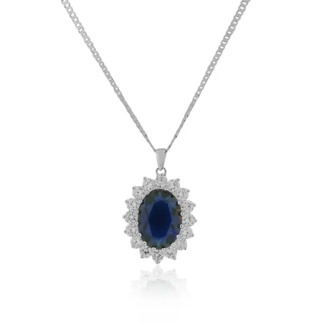 925 Sterling Silver Large Oval Blue Sapphire-Tone CZ Pendant Necklace, 18"