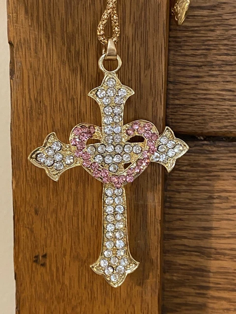 Betsey Johnson Crystal Enamel Heart-Shaped Cross Charm Necklace NWT